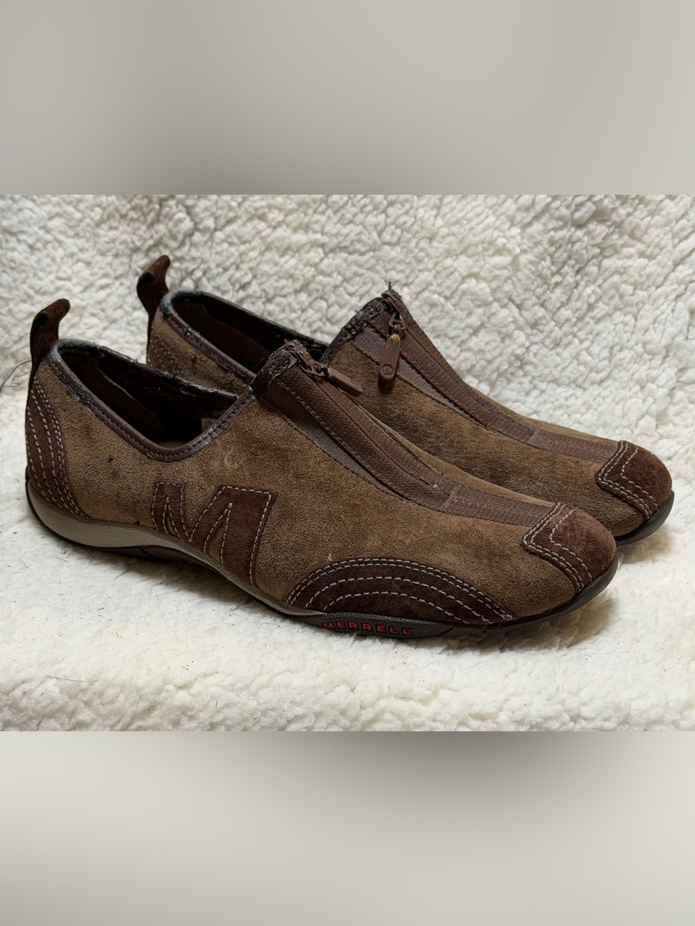 Merrell Barrado Leather Suede Mocha SZ 7.5 Brown Performance Slip-on Zip Womens